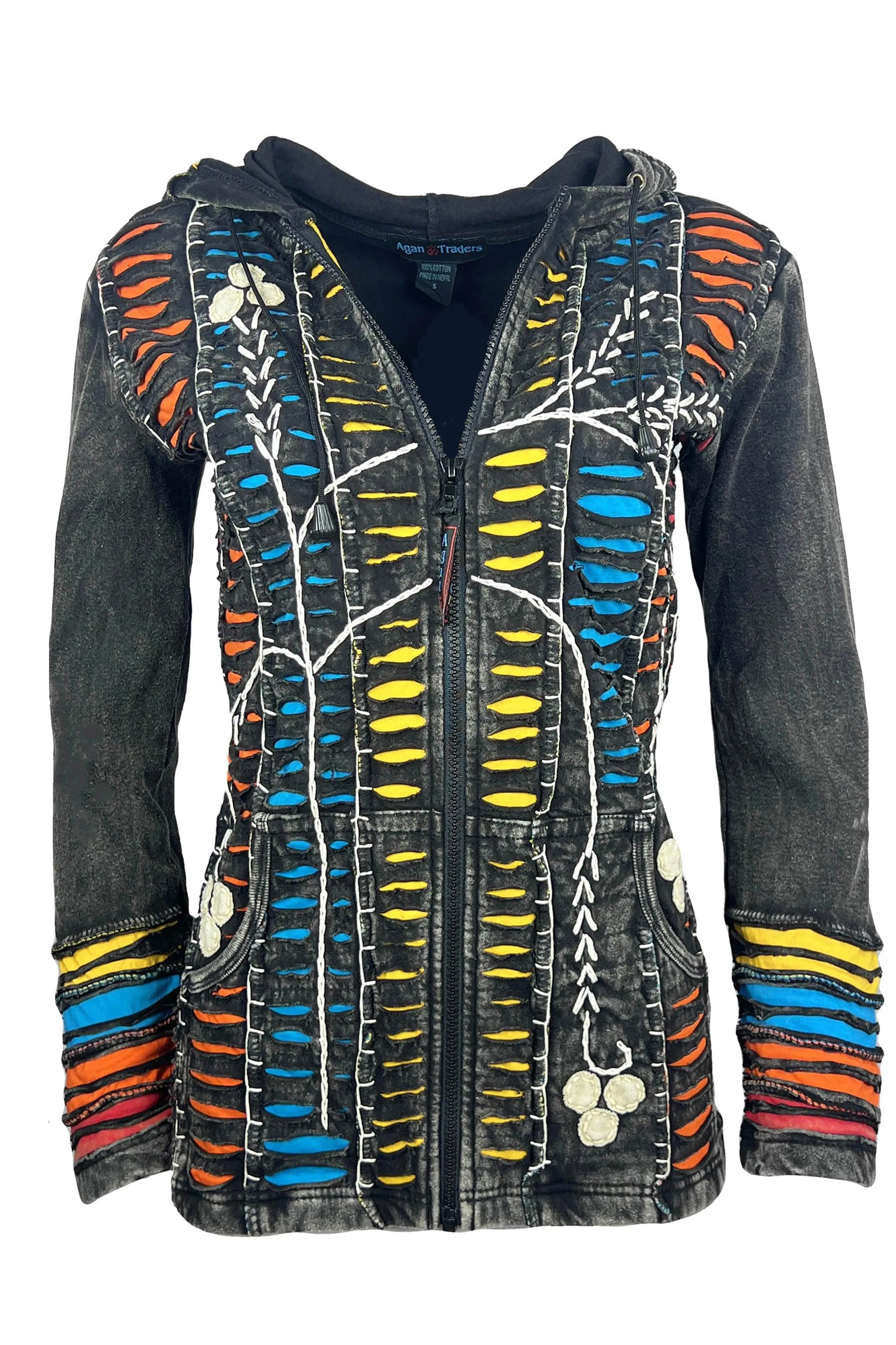 51 RJ Bohemian Multi-Colored Razor  Embroidered Hoodie Sweatshirt Rib Jacket