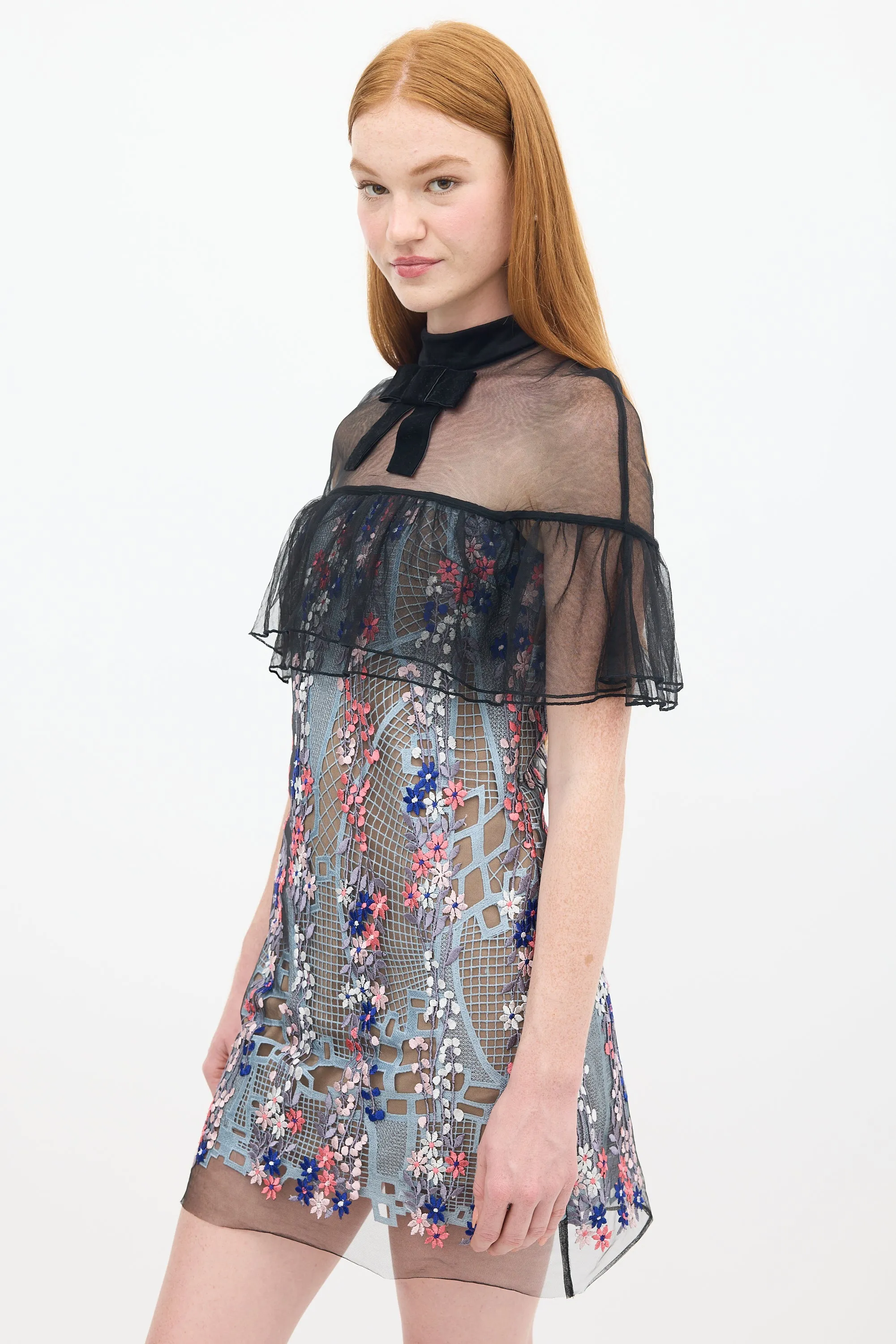 Black & Multicolour Floral Embroidered Flounce Overlay Dress