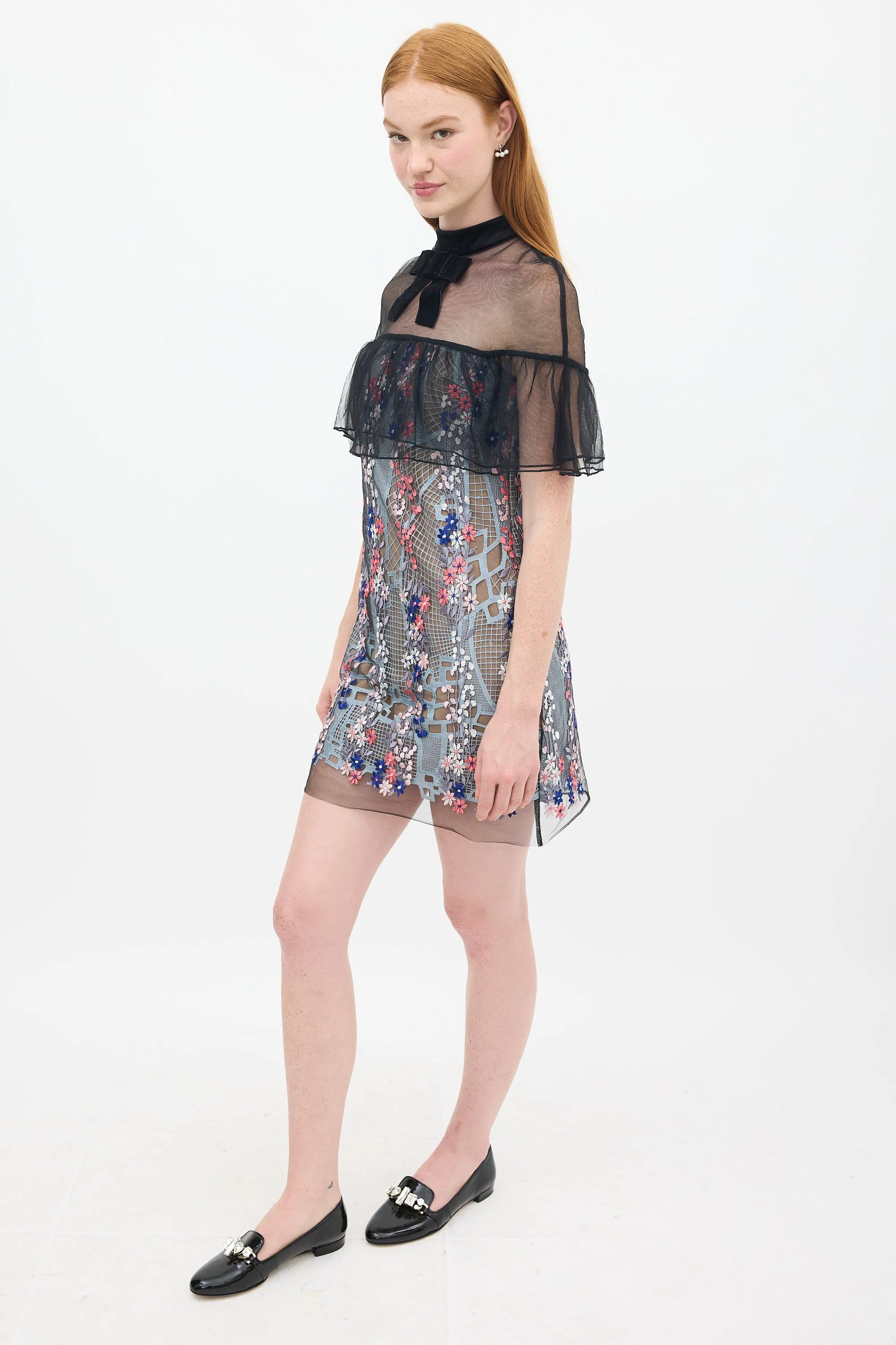 Black & Multicolour Floral Embroidered Flounce Overlay Dress