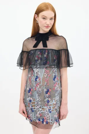 Black & Multicolour Floral Embroidered Flounce Overlay Dress