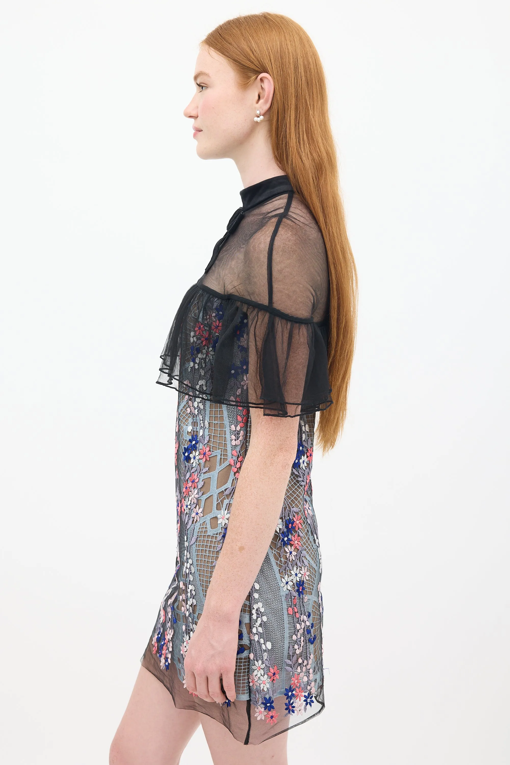Black & Multicolour Floral Embroidered Flounce Overlay Dress