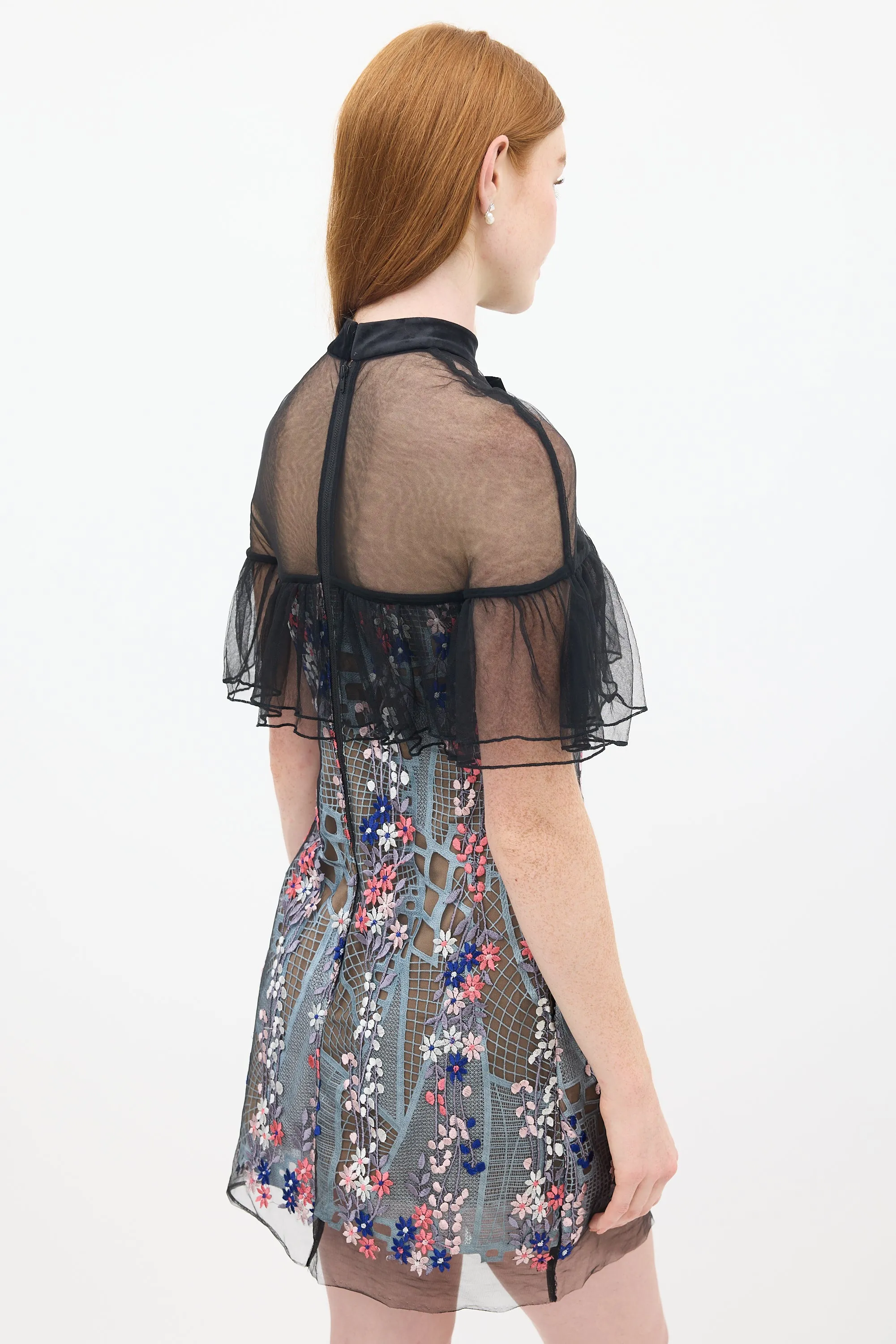 Black & Multicolour Floral Embroidered Flounce Overlay Dress